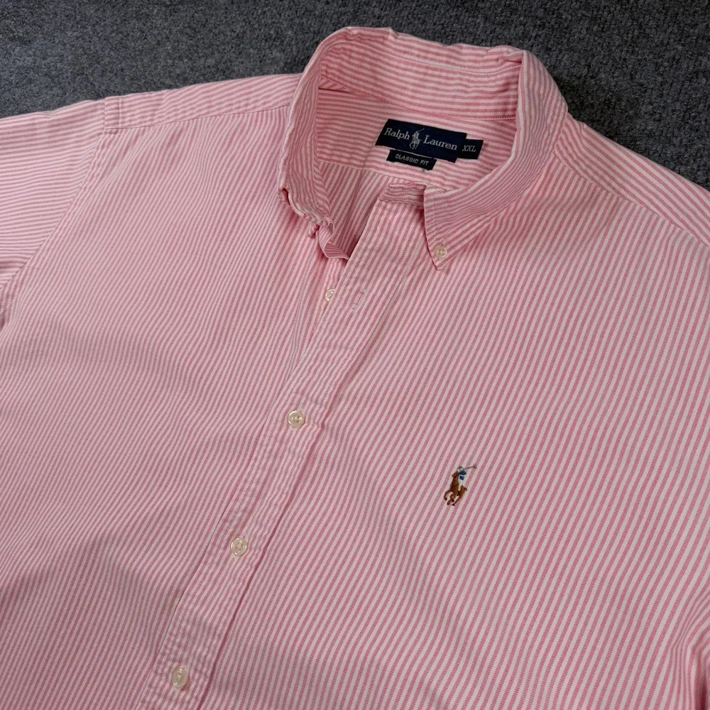 Ralph Lauren Button Down Shirt XXL Pink Pinstripe Short Sleeve Classic Fit